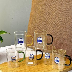 تصویر لیوان پیرکس مربع دسته رنگی سوگا بسته ۶ عددی 