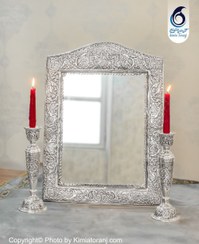 تصویر آینه شمعدان عروس چهارگوش تاجدار 52 شبه نقره قلم اسلیمی با روکش و ضمانت ۳۶ ماهه کیمیاترنج 