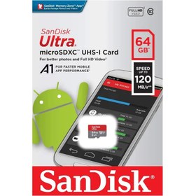 تصویر کارت حافظه MicroSDXC سن دیسک SanDisk Ultra A1 کلاس 10 استاندارد UHS-I سرعت 120MBps ظرفیت 64 گیگابایت 