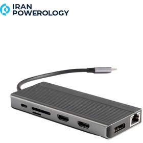 تصویر هاب 13 پورت پاورولوژی مدلP131HBCGY Powerology 13in1 USB-C Hub 4K HDMI Type-C 100W PD Ethernet USB SD MicroSD 3.5AUX