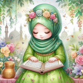 تصویر بک گراند کودکانه دختر ناز در حال تلاوت قرآن در باغ گل-کد 41109(ویژه عکس گراف) 