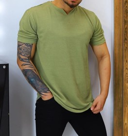 تصویر تیشرت یقه کوبایی (مراکشی) پارچه بیسکوییتی سبز ماشی با تنخور خفن - M Cuban (Moroccan) Collar T-shirt Green Machined Biscuit Fabric with Killer Eater