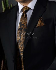 تصویر ست کراوات و دستمال جیب مردانه نسن | طرح بته جقه مشکی طلایی T120 