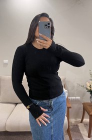 تصویر بلوز زنانه یقه گرد آستین فینگردار سایز آزاد رنگ مشکی و کرم 