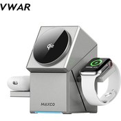 تصویر شارژر سه کاره وایرلس وی وار مکس کو شارژر وایرلس مگنتی 3 کاره مکس کو Maxco Geometry 3in1 Wireless Charger MW11 VWAR | Maxco Qi2 Certified 3-in-1 Wireless charger with Auto-Rotating Phone Dock compatible with MagSafe magnetic fast charging for phones, apple watch, and earbuds