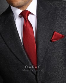 تصویر ست کراوات و دستمال جیب مردانه نسن | قرمز تیره ساده (جودون) S3 