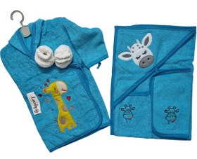 تصویر حوله نوزادی 5 تکه طرح زرافه - فیروزه ای 