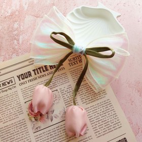 تصویر گیره مو مجلسی پاپیون با آویز لاله - صورتی / گیری فرانسوی 