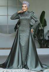 تصویر لباس Neva Style مجلسی منجوق دوزی با حجاب خاکی 23310HK اورجینال 