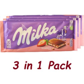 تصویر شکلات تخته‌ای میلکا با تکه‌های توت‌فرنگی، بسته 3 عددی Strawberry Milka Chocolate bar, 3 in 1