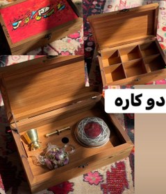 تصویر ظروف بسته بندی زعفران - پک چوبی دوکاره خاتم همراه با هاون برنجی و قوری مخصوص 