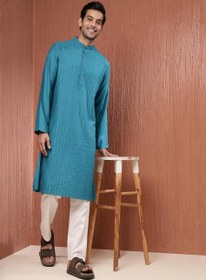 تصویر بلوز بلند پنتاکس ابریشمی ویسکوز در رنگ آبی فیروزه‌ای برند fabindia Teal Viscose Silk Pintucks Long Kurta