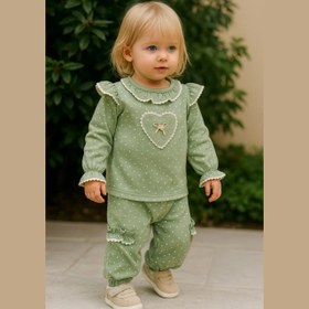 تصویر بلوز شلوار کودک خالدار سبز سایز ۰ تا ۶ ماه 