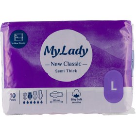 تصویر نوار بهداشتی کلاسیک ضخیم سایز بزرگ با بسته بندی تکی 10عددی مای لیدی My Lady Perforated Cotton Feel Sanitary Pad