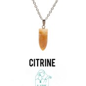 تصویر گردنبند سنگ سیترین سنگ ثروت اصل و معدنی تراش فشنگی با زنجیر استیل رایگان ضدحساسیت زنانه و مردانه Original bullet cut citrine stone necklace