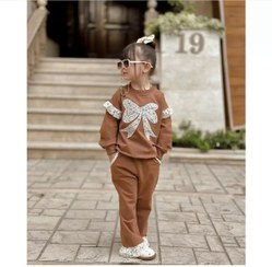 تصویر ست بلوز و شلوار دخترانه مدل ریحانه دورس ۲ نخ پنبه با گلدوزی پاپیون رنگ شکلاتی 