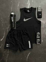 تصویر پکیج کد E1562 شامل رکابی حلقه ای + شلوارک + جوراب ساقدار + مچ بند چسب نانو + شیکر ۳ تیکه با تم فول مشکی 