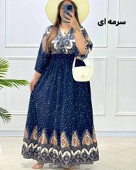 تصویر پیراهن بلند زنانه طرح طاووس فری سایز رنگ سرمه ای 