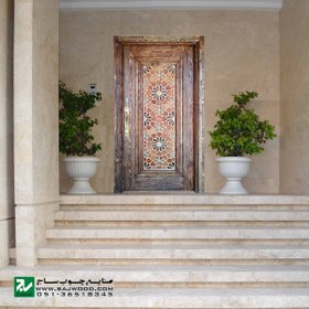 تصویر درب چوبی ورودی هتل ، آپارتمان و ساختمان صنایع چوب ساج مدل T12B 