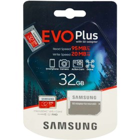 تصویر رم میکرو 32 گیگ سامسونگ Samsung Evo Plus U1 C10 95MB/s + خشاب Samsung Evo Plus SDHC UHS-I U1 95MB/s 32GB memory card