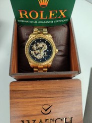 تصویر ساعت رولکس طرح دراگون طلایی صفحه مشکی گارانتی قفل اصلی جعبه چوبی Rolex