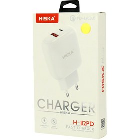 تصویر شارژر دیواری فست شارژ Hiska H-112 2Port QC3.0 3A PD 18W + کابل تایپ سی Hiska H-112 2Port QC3.0 3A PD 18W wall charger With Type-C cable