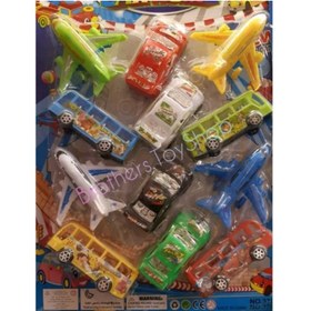 تصویر اسباب بازی ست ماشین و اتوبوس و هواپیما موتور پلاستیکی 