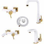 تصویر شیرآلات کسری مدل فیروزه سفید طلایی مجموعه پنج عددی 