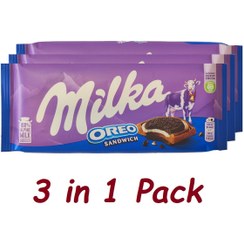 تصویر شکلات تخته‌ای میلکا مدل ساندویچ اورئو، بسته 3 عددی OREO SANDWICH Milka Chocolate bar, 3 in 1