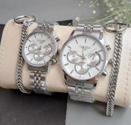 تصویر ست ساعت سیتیزن بند استیل نقره ای صفحه سفید 