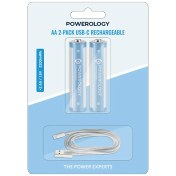 تصویر باتری قلمی پاورولوژی مدل AA بسته 2 عددی - قابل شارژ با پورت USB-C - سفید/آبی Powerology Type-c Rechargeable Battery Battery 3200mWh