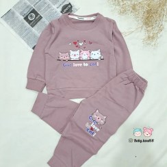 تصویر ست بلوز و شلوار بچه گانه دخترانه ۶ ماه تا ۸ سال سایز ۳۵ تا ۵۰ جنس دورس پنبه با کیفیت و قیمت اقتصادی طرح گربه ها 