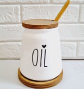 تصویر ظرف نگهداری روغن جامد سرامیکی با در و قاشق چوبی 