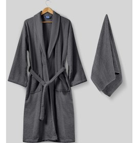 تصویر ست حوله و bathrobe نرمال کتان نرم و لطیف سایز S/M به همراه حوله 50X90 سانتی‌متر - رنگ آنتراسیت برند bluenity Softy-Natural Cotton Extra Soft Bathrobe S/M+50X90 Towel Set-Anthracite