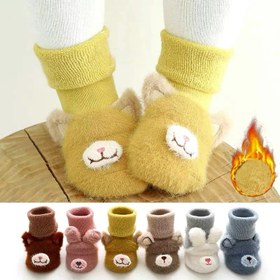 تصویر کفش جورابی فانتزی خزدار مارک دار بچه گانه عروسک برجسته Baby socks luxery