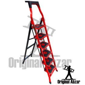 تصویر نردبان 6 پله سما ماندگار آهنی دارای جا ابزار پروفیل4×2 پله‌ی 31×24 تحمل وزن 120 کیلو 