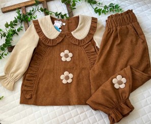 تصویر ست شومیز و شلوار مجلسی دخترانه طرح مهگل مخمل کبریتی رنگ قهوه ای و کرم 