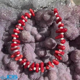 تصویر دستبند سنگ مرجان قرمز با مروارید coral 
