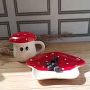 تصویر ست ماگ و بشقاب سرامیکی قارچ دست‌ساز و نقاشی دست 