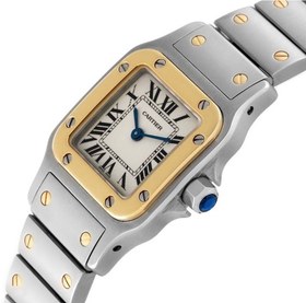 تصویر ساعت کارتیر سانتوس فلزی زنانه دورنگ طلایی صفحه سفید Cartier Santos metal 