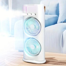 تصویر پنکه مه پاش دارای دو فن با 3 سرعت پرتاب چرخشی Rechargeable fan with dual fans with 3 rotating throw speeds