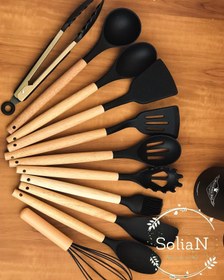 تصویر ست کفگیر ملاقه سلیکونی دسته بامبو 12تکه silicone kitchen set