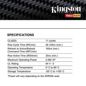 تصویر رم دسکتاپ کینگستون DDR3 تک کاناله 1600 مگاهرتز CL11 مدل KVR ظرفیت 4 گیگابایت ا Kingston KVR CL11 4GB DDR3 1600MHz RAM Kingston KVR CL11 4GB DDR3 1600MHz RAM