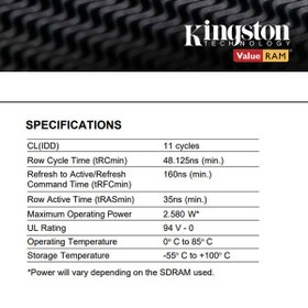 تصویر رم کامپیوتر کینگستون مدل Kingston KVR 4GB (1x4GB) DDR3 1600MHz CL11 ا Kingston KVR 4GB (1x4GB) DDR3 1600MHz CL11 Computer Ram Kingston KVR 4GB (1x4GB) DDR3 1600MHz CL11 Computer Ram