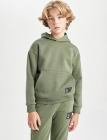 تصویر هودی کمرنگ با فیت گشاد و جیب، سویشرت ضخیم مدرسه برند Defacto Khaki Oversized Fit Hoodie With Pockets Thick School Sweatshirt