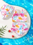 تصویر ست سه تکه مایو دخترانه نوزادی طرح فانتزی ضد کلر سایز ۶-۹ ماه 