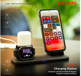 تصویر شارژر بی سیم سه کاره پرودو مدل PD-W01 3-in-1 Charging Station مناسب برای شارژ گوشی آیفون، ایرپاد و اپل واچ 