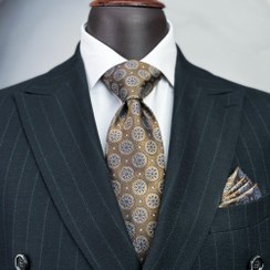 تصویر کراوات مردانه قهوه‌ای آبی طرح دایره‌ای 