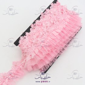 تصویر نوار گیپور پلیسه مروارید دار طرح گل صورتی (متری) 