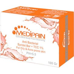 تصویر پن درماتولوژیک حاوی تری کلوکربان مناسب پوست چرب مدیپن Medipain, Anti Bacterial Syndet Bar + TCC For Oily Skin